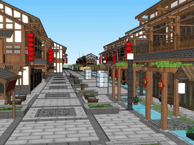 SketchUp Business Model: Multi-Story Chinese-Style Commercial Pedestrian Street