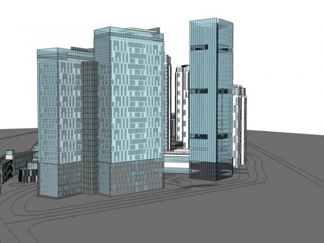 SketchUp Complex Model: Modern High-Rise Urban Development with Commercial, Residential, Office, and Hotel Spaces