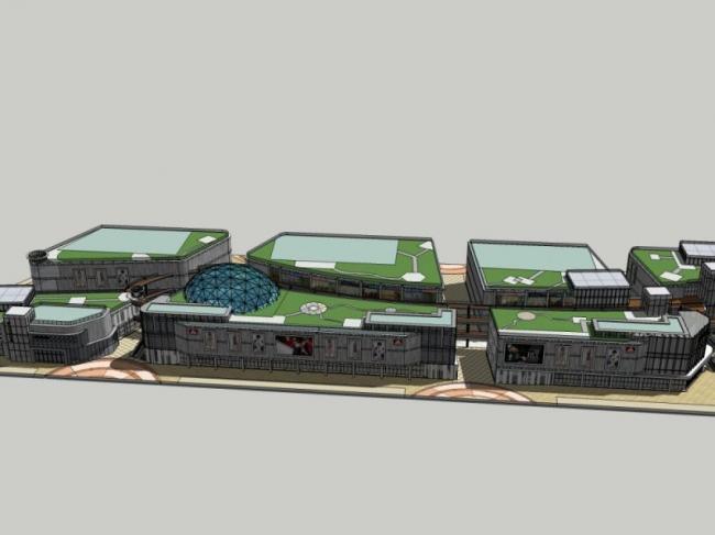 Modern Multi-Story Commercial Office Model with Pedestrian Street in SketchUp