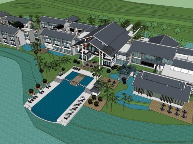 SketchUp Model: Multi-Story Chinese-Style Resort Hotel Cluster
