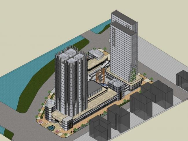 SketchUp Complex Model: Multi-Story Urban Development with Residential, Office, and Hotel Spaces in Modern Style
