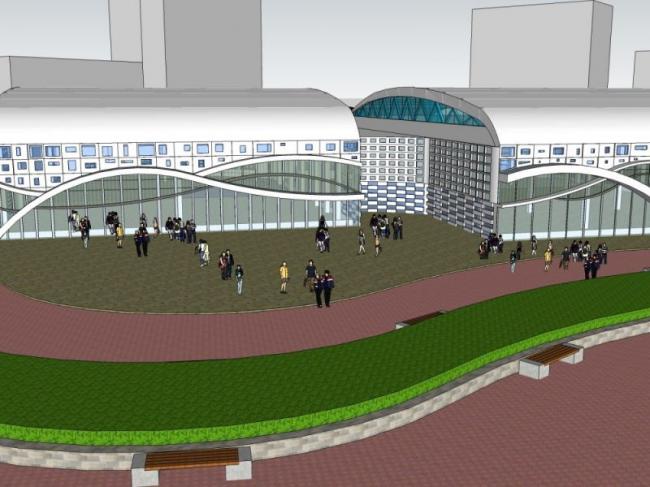 SketchUp Design: Modern Multi-Story Bus Station and Station Road Bridge