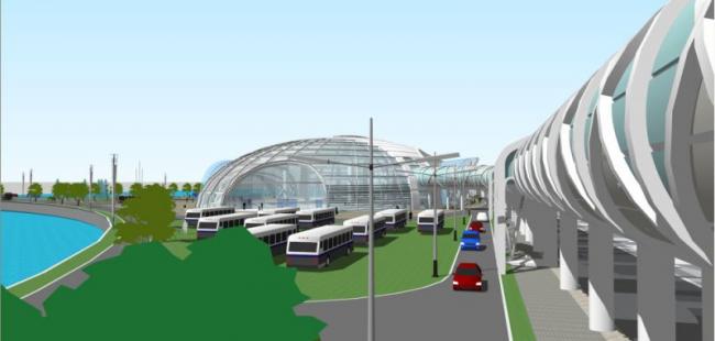 SketchUp Design: Modern Multi-Story Passenger Center with Station Road and Bridge