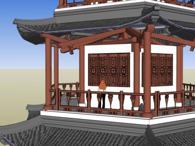 SketchUp Model of Ancient Chinese Architecture: Multi-Story and Hexagonal Attics