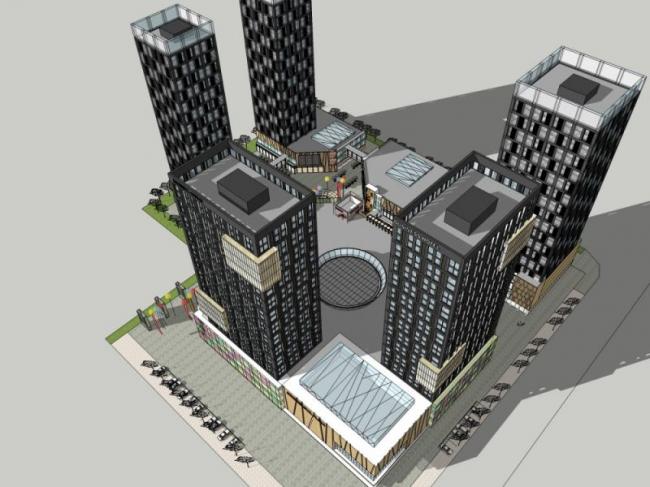 SketchUp Complex Model: Multi-Story Commercial, Residential, and Office Building in Modern Style