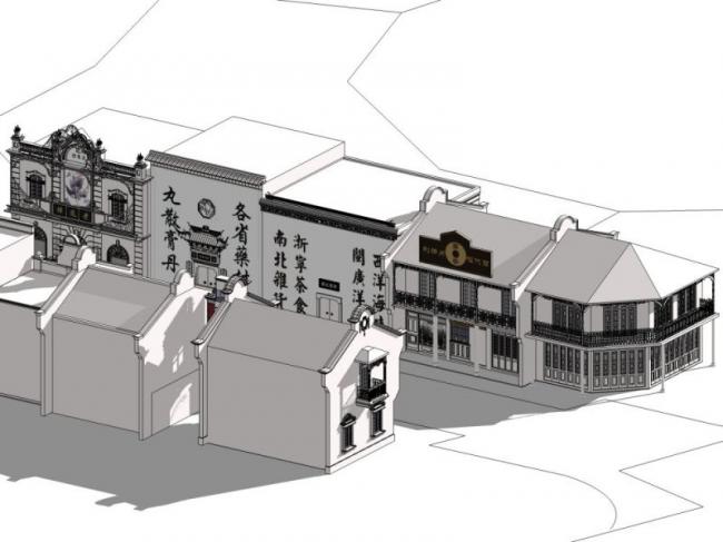 SketchUp Business Model: Low-Rise Commercial Street with Chinese Architectural Style