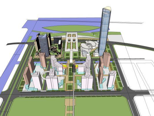 SketchUp Model of a Modern Super High-Rise Commercial Complex Featuring Offices, Hotel, and Residential Spaces