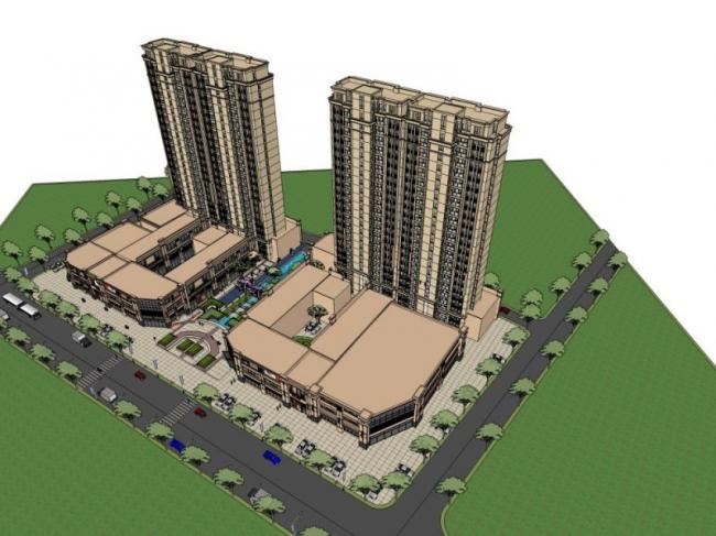 SketchUp Model of a Classical-Style High-Rise Residential Building with Ground-Floor Retail