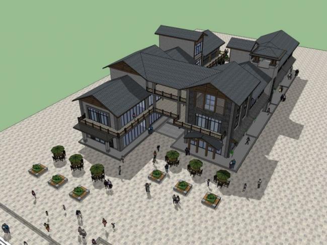 SketchUp Business Model: Multi-Story Commercial Street Inspired by Chinese Architecture