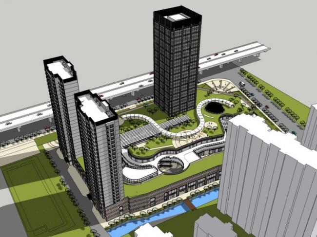 SketchUp Model of a Multi-Story Commercial Complex Featuring Residential, Office, and Classical Design Elements