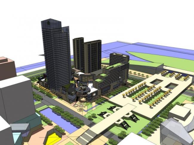 SketchUp Multi-Story Commercial Complex Featuring Residential and Office Spaces in Modern Style