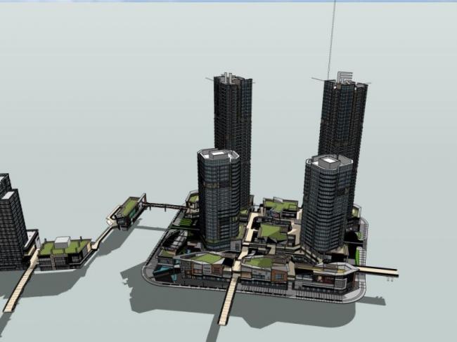 SketchUp Complex Model: Modern Multi-Story Office, Commercial, and Residential High-Rise Building