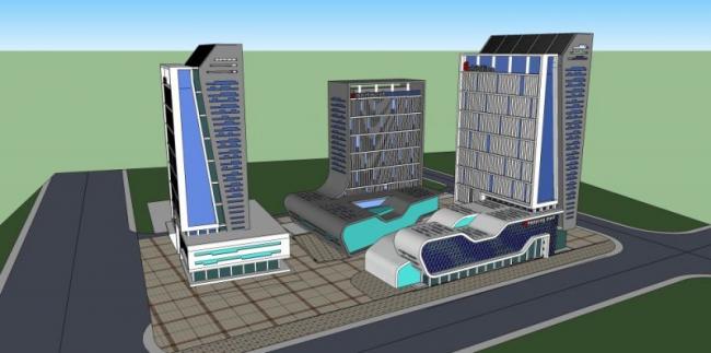 SketchUp Complex Model: Multi-Story Commercial, Office, and Modern Residential Building