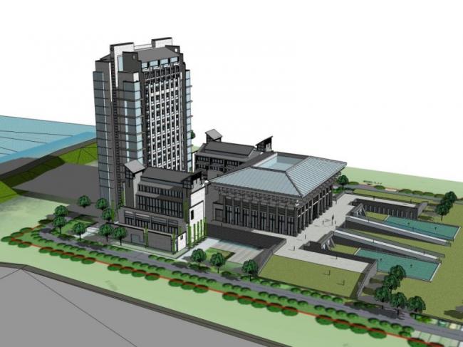 SketchUp High-Rise Hotel Model with Chinese Architectural Design