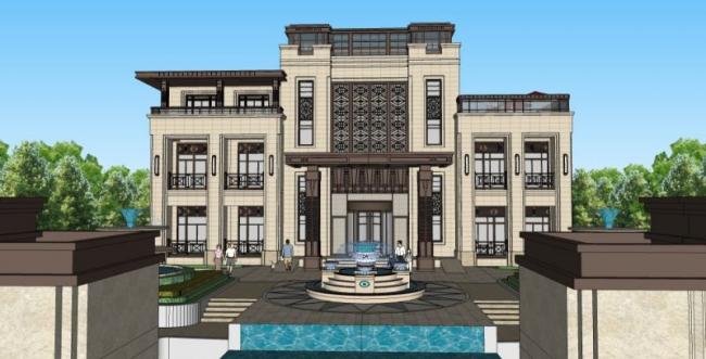SketchUp Business Model: Multi-Story Classical Style Clubhouse Design