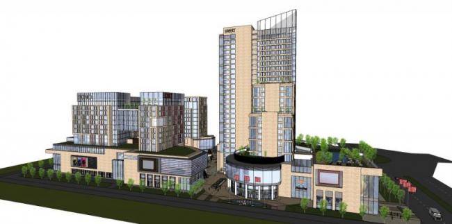 SketchUp Complex Model: Modern Super High-Rise Office Building and Multi-Story Commercial Shopping Center