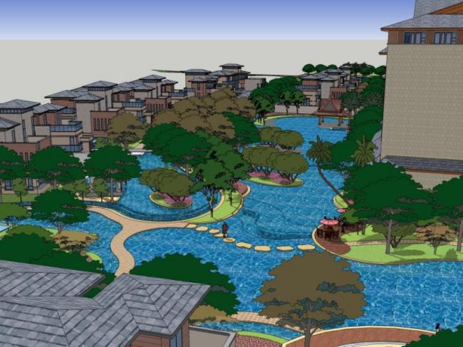 SketchUp Landscape Models: Hotel, Waterfront, and Classical Designs