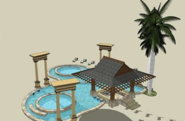 SketchUp Model: Square Landscape with Southeast Asian and Classical Style Pavilions-BIM WORLD