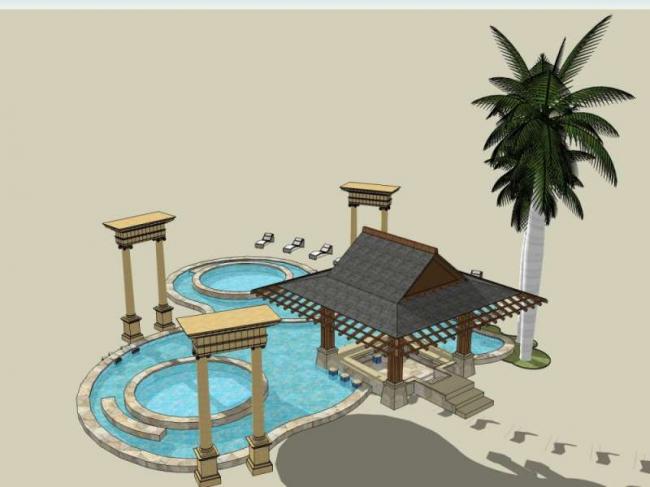 SketchUp Model: Square Landscape with Southeast Asian and Classical Style Pavilions
