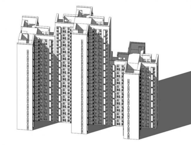 Modern Cross-Plan Row High-Rise Residential Model in SketchUp