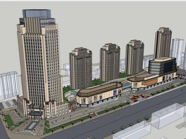 SketchUp Complex Model: Classical Multi-Story High-Rise Office with Ground Floor Commercial Space