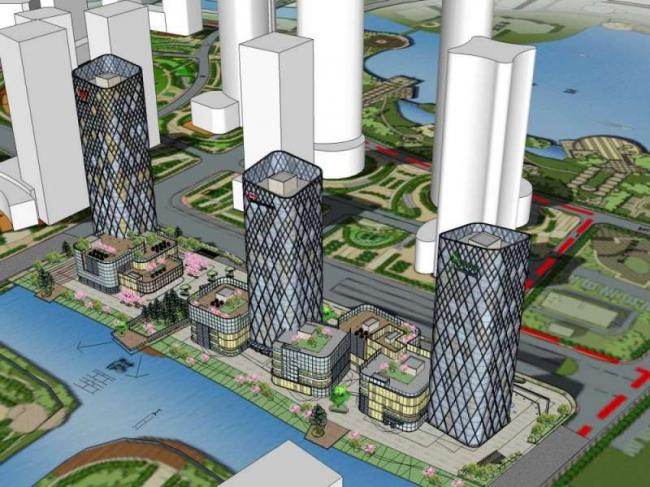 SketchUp Complex Model: Modern High-Rise Office Building with Ground Floor Commercial and Hotel Spaces