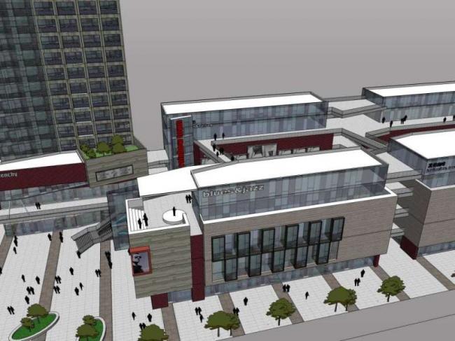 SketchUp Complex Model: Multi-Story High-Rise Featuring Commercial Streets, Shopping Center, Residential and Office Spaces in Modern Style