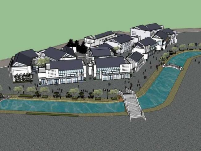SketchUp Business Model: Multi-Story Commercial and Pedestrian Streets with Chinese Architectural Style