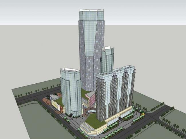 SketchUp Complex Model: Modern Super High-Rise Office with Ground Floor Commercial Spaces