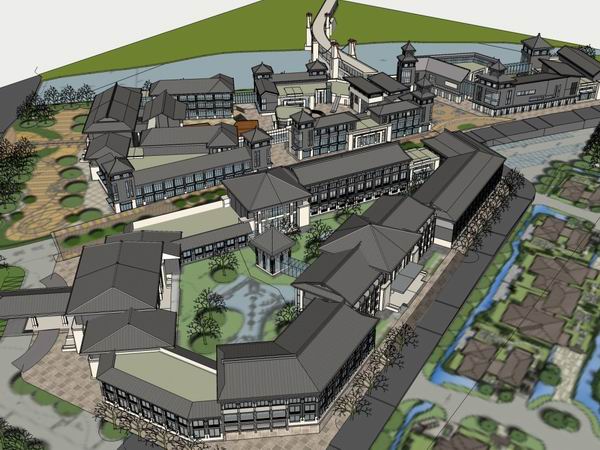 SketchUp Business Model: Multi-Story Commercial Street with Chinese Architectural Style