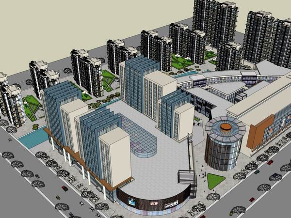 SketchUp Complex Model: Multi-Story Modern High-Rise Office and Commercial Building