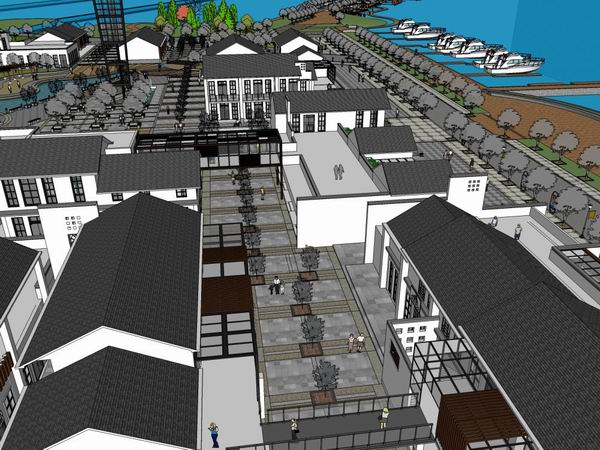 SketchUp Business Model: Multi-Story Commercial and Pedestrian Street in Modern Chinese Style