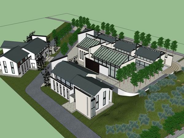 SketchUp Business Model: Multi-Layer Huizhou-Style Commercial Space with Modern Chinese Design