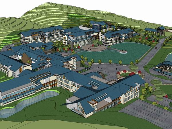 Modern Multi-Story Chinese Style Resort Hotel Model in SketchUp