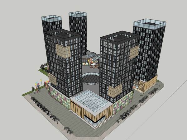 SketchUp Complex Model: Multi-Story High-Rise Office, Hotel, Shopping Center & Modern Commercial Building