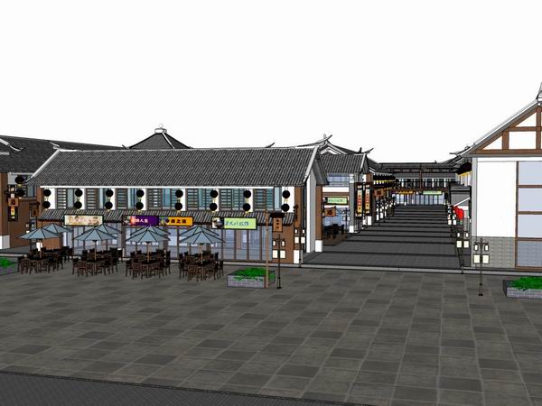 SketchUp Business Model: Multi-Story Commercial and Pedestrian Street with Chinese Architectural Style