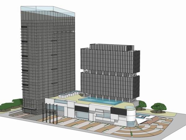 SketchUp Complex Model: Multi-Story High-Rise Office and Commercial Shopping Center in Modern Style