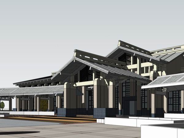SketchUp Business Model: Multi-Story Classical Hot Spring Plaza with Commercial Spaces