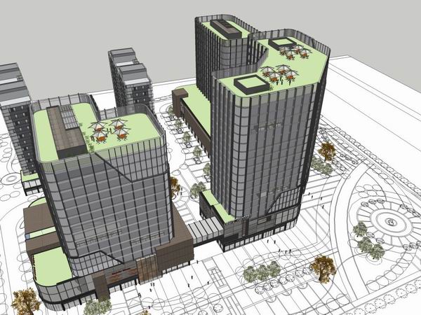 SketchUp Complex Model: Modern Multi-Story High-Rise with Offices, Residential Apartments, and Ground-Floor Commercial Spaces