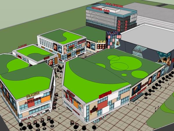 SketchUp Business Model: Modern Multi-Story Commercial Plaza with Pedestrian Street
