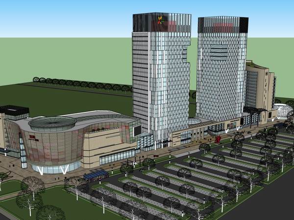 SketchUp Complex Model: Multi-Story Modern High-Rise Office and Commercial Building