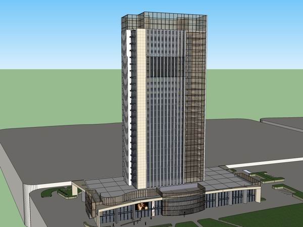 SketchUp Complex Model: Modern Super High-Rise Office Building with Ground Floor Commercial Space