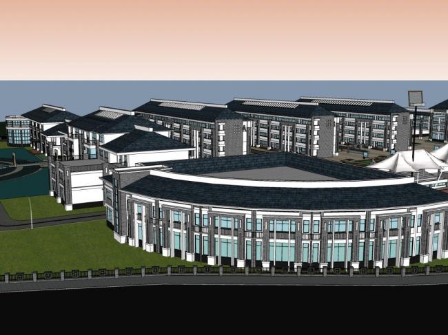 SketchUp School Model | Multi-Story Primary and Secondary School Campus with Chinese Architectural Style