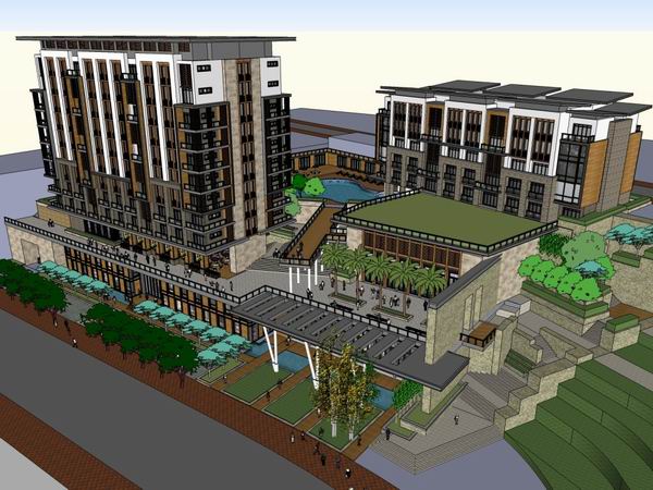 Modern Multi-Story Mountain Hotel Model in SketchUp