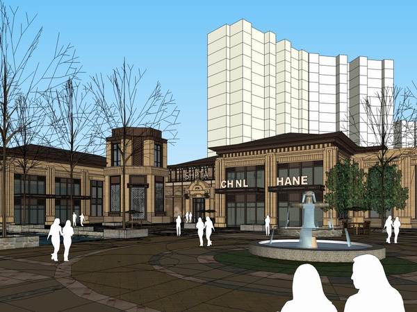 SketchUp Business Model: Multi-Story Commercial and Pedestrian Street in Classical Style