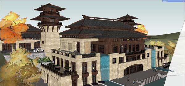 SketchUp Multi-Story Han Tang Resort Hotel Model in Traditional Chinese Style