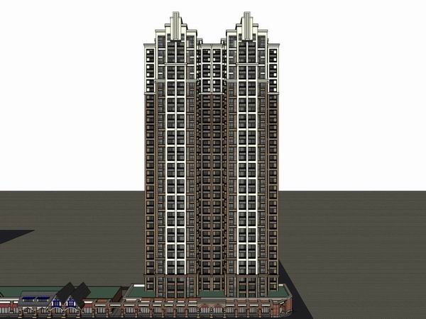 SketchUp Residential Model: British Classical Super High-Rise with Ground Floor Commercial Spaces