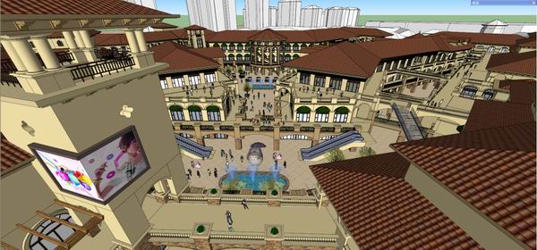 SketchUp Business Model: Multi-Story Spanish Classical Commercial and Pedestrian Street Design