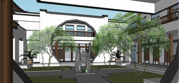 SketchUp Landscape Design: Multi-Story Architecture Featuring a Traditional Chinese Garden