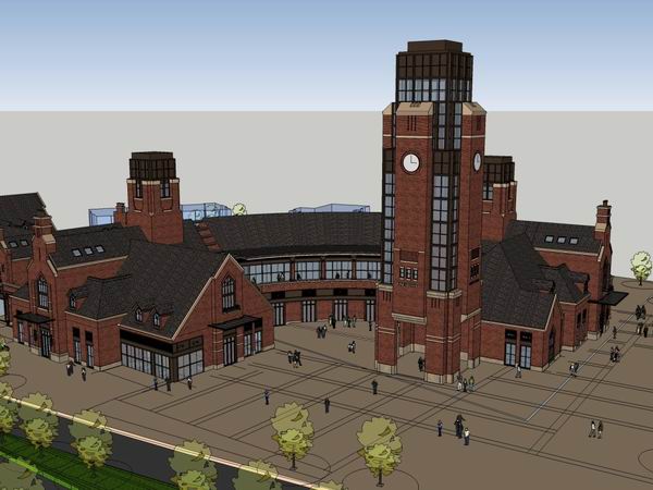 SketchUp Business Model: Multi-Story Commercial Street, Pedestrian Zone, and Modern Clubhouse Design